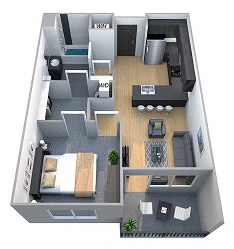 Floor plan for 1 bed, 1 bath, 733 sqft
